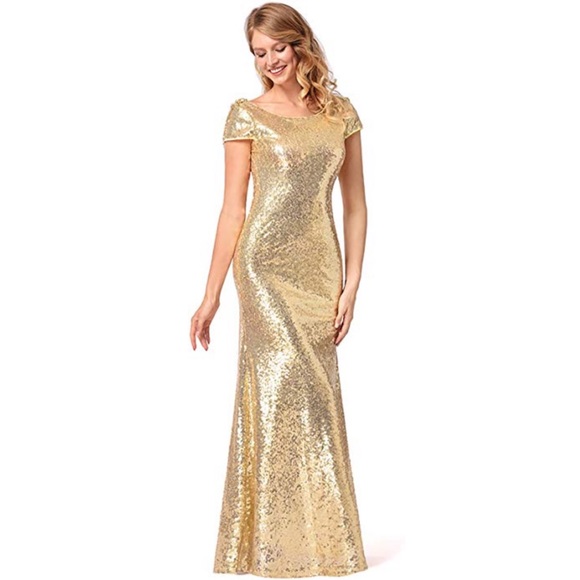 Mermaid Dripping Gold Low Back Sequins Formal Gown - Picture 5 of 5